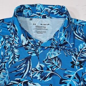 Under Armour Mens XL Playoff Polo Blue Tropical Palm Leaf Golf Shirt Loose Fit